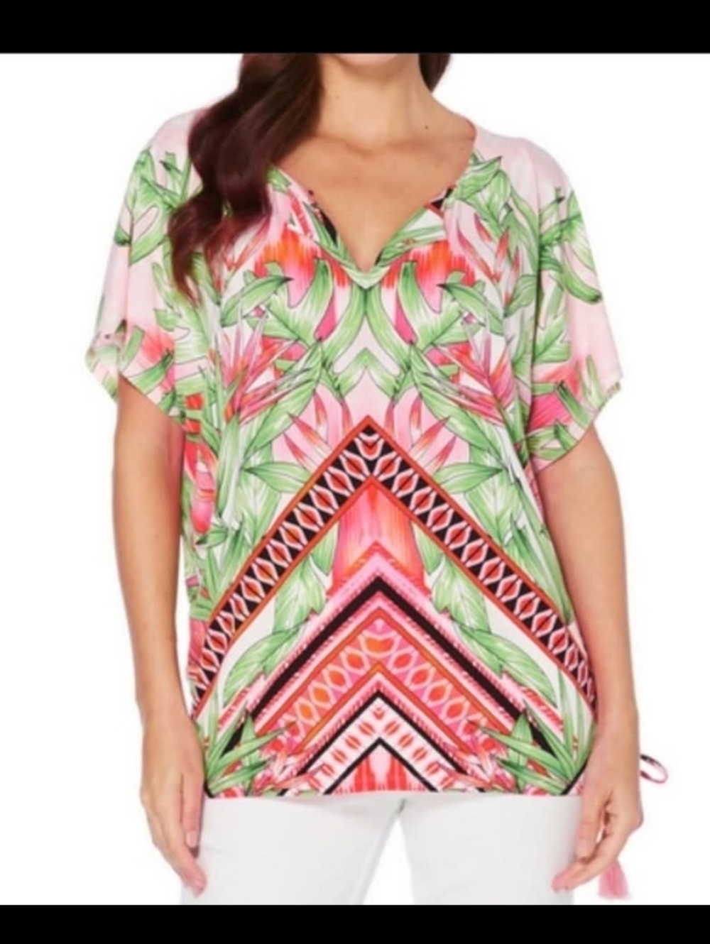 NWT Rafaella Coral & Green Tropical V-Neck Drawstring Tunic Sz Small